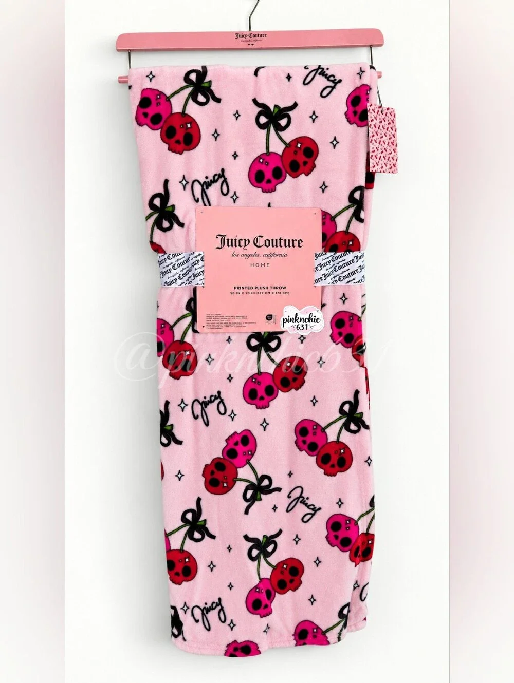 Juicy Couture Pink Skulls Poison Cherries Plush Halloween Throw Blanket